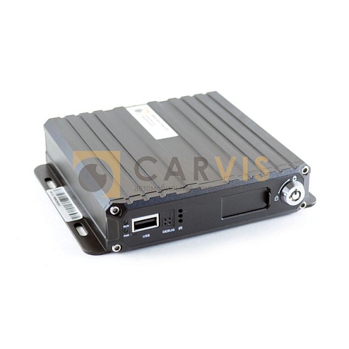 Комплект системы видеонаблюдения для сельскохозяйственной техники от CARVIS, включает одну купольную камеру в белом корпусе, кабель для подключения, адаптер microSD to SD, карту памяти microSD и видеорегистратор в прочном металлическом корпусе с несколькими портами.