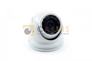 Камера Carvis MC-304IR - купольная камера видеонаблюдения с инфракрасной ночной подсветкой, с множеством светодиодов вокруг объектива, в белом корпусе с прикрепленным черным кабелем и круглым соединителем для монтажа и подключения к питанию