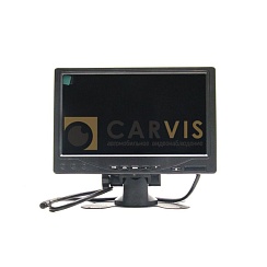 Профессиональный автомобильный монитор CARVIS MT-207 с черным корпусом, кнопками управления на передней панели и стабильной подставкой для удобной установки и мониторинга систем видеонаблюдения в транспортных средствах.