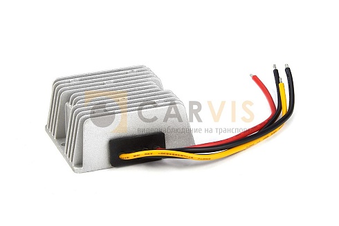 Бортовой преобразователь напряжения CARVIS PS-1210 с алюминиевым радиатором для охлаждения и подсоединенными кабелями с клеммами для установки в автомобиле, обеспечивающий стабильное электропитание устройств.