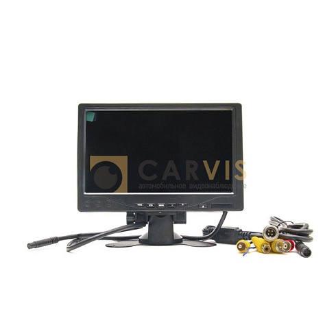 Профессиональный автомобильный монитор CARVIS MT-307 с черным корпусом, кнопками управления на передней панели и стабильной подставкой для удобной установки и мониторинга систем видеонаблюдения в транспортных средствах.