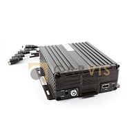 Черный автомобильный видеорегистратор CARVIS MD-444HDD Lite с металлическим корпусом, ребрами охлаждения, портом USB, слотом для карты памяти и светодиодными индикаторами состояния работы, с подключенными кабелями с разъемами для установки в системы видеонаблюдения.