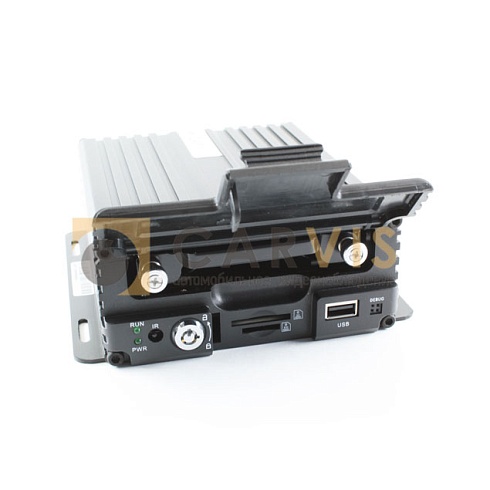 Автомобильный видеорегистратор CARVIS MD-448HDD в металлическом корпусе с ребрами охлаждения и множественными портами, включая USB и HDMI, и светодиодными индикаторами работы, в комплекте с подключенными кабелями для видео и питания, идеально подходящий для использования в системах автомобильного видеонаблюдения.
