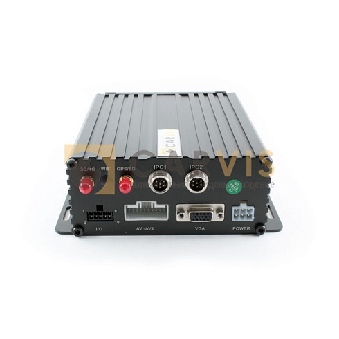 Автомобильный видеорегистратор CARVIS MD-448HDD в металлическом корпусе с ребрами охлаждения и множественными портами, включая USB и HDMI, и светодиодными индикаторами работы, в комплекте с подключенными кабелями для видео и питания, идеально подходящий для использования в системах автомобильного видеонаблюдения.