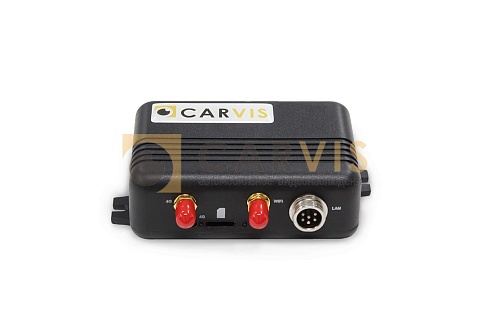 Компактный черный роутер CARVIS MR-01GW с красными клеммами для питания, одним LAN портом и подключением антенны, идеален для обеспечения стабильного интернет-соединения в автомобильных видео наблюдательных системах.