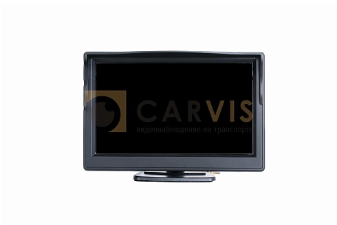 Чёрный монитор CARVIS MT-205 с жидкокристаллическим экраном, предназначенный для использования в системах видеонаблюдения на транспорте, с удобной подставкой для монтажа на транспортном средстве и входом для видеокабеля.