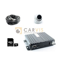 Комплект системы видеонаблюдения для сельскохозяйственной техники от CARVIS, включает одну купольную камеру в белом корпусе, кабель для подключения, адаптер microSD to SD, карту памяти microSD и видеорегистратор в прочном металлическом корпусе с несколькими портами.