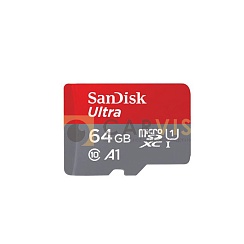 MicroSD карта SanDisk Ultra емкостью 64 ГБ, предназначенная для высокоскоростной записи и хранения данных в устройствах автомобильного видеонаблюдения и других цифровых устройствах.