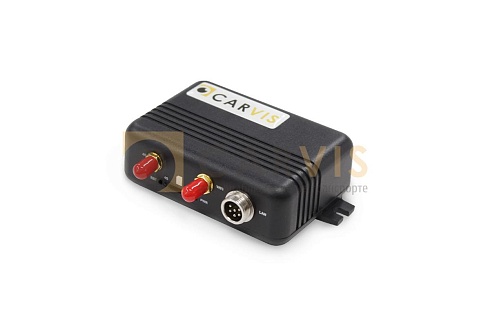 Компактный черный роутер CARVIS MR-01GW с красными клеммами для питания, одним LAN портом и подключением антенны, идеален для обеспечения стабильного интернет-соединения в автомобильных видео наблюдательных системах.