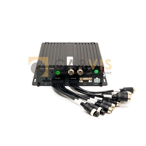 Автомобильный видеорегистратор CARVIS MDA-448HDD Lite в черном металлическом корпусе с охлаждающими ребрами, портом USB, разъемом для карты памяти SD и светодиодными индикаторами состояния, идеально подходящий для создания надежной системы видеонаблюдения в транспортных средствах