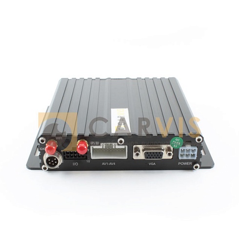 Мобильный видеорегистратор CARVIS MD-444SD для автомобильных систем видеонаблюдения в металлическом корпусе с ребрами для охлаждения, оснащенный портом USB, разъемом для карты SD и светодиодными индикаторами для мониторинга состояния устройства.