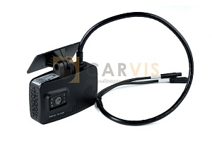 Автомобильный видеорегистратор CARVIS DCA-463SD с встроенным GPS-модулем, защищенным черным корпусом и множеством портов подключения, включая кабель питания с водонепроницаемым соединителем, предназначен для надежной записи в пути.