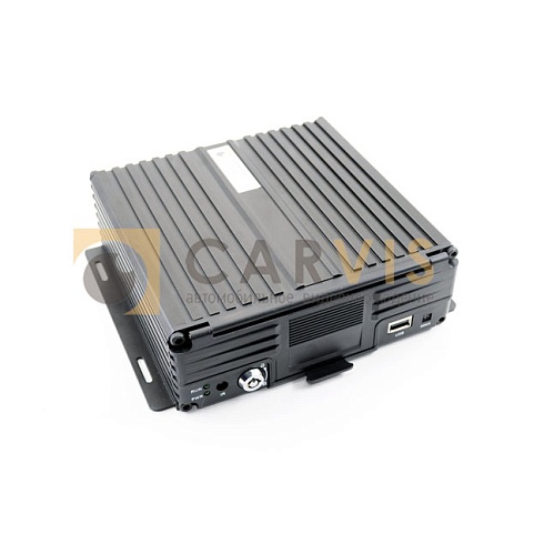 Четырехканальный автомобильный видеорегистратор CARVIS MD-428HDD с жестким диском, в металлическом корпусе с ребрами охлаждения, оснащенный портами для видеоввода и видеовывода, интерфейсами USB и RS-485, а также светодиодными индикаторами работы, предназначенный для надежной записи видеоданных в системах видеонаблюдения.