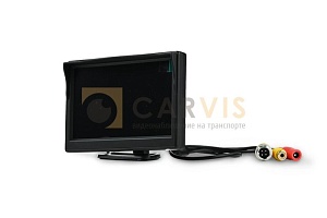 Чёрный монитор CARVIS MT-205 с жидкокристаллическим экраном, предназначенный для использования в системах видеонаблюдения на транспорте, с удобной подставкой для монтажа на транспортном средстве и входом для видеокабеля.