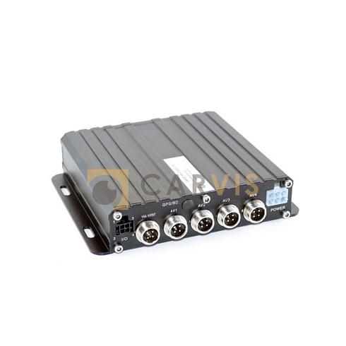 Черный видеорегистратор CARVIS MD-314SD Lite для автомобильных систем видеонаблюдения с компактным металлическим корпусом, ребрами для охлаждения, портом USB, разъемом для карты памяти SD и светодиодными индикаторами состояния работы.
