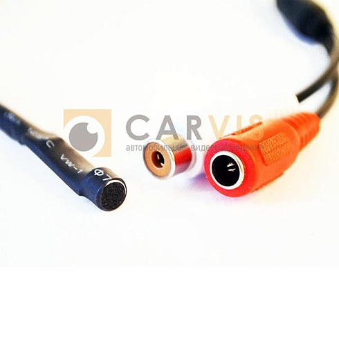 Черный микрофон CARVIS MIC-01 для систем видеонаблюдения в автомобиле, с удобным креплением и подключаемым кабелем с красным и белым разъемами для легкой инсталляции и передачи звука высокого качества.