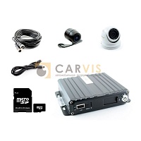 Комплект системы видеонаблюдения CARVIS для автомобиля скорой помощи, содержащий купольную камеру в белом корпусе, миниатюрную камеру с кронштейном, кабели для подключения, адаптер microSD to SD, видеорегистратор в металлическом корпусе с множеством портов для различных типов подключения.
