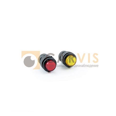 Кнопки тревоги CARVIS с красным и желтым индикаторами, предназначенные для экстренной сигнализации в системах видеонаблюдения на транспорте.