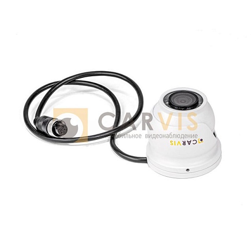 Антивандальная AHD камера CARVIS MC-324IR видеонаблюдения с инфракрасной подсветкой, с множеством светодиодов вокруг объектива, в белом корпусе с прикрепленным черным кабелем и круглым соединителем для монтажа и подключения к питанию.