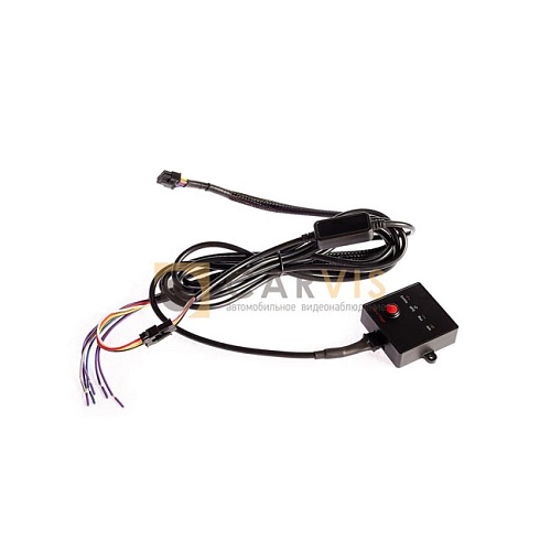 Выносная панель индикации CARVIS с черным корпусом, кнопкой включения и многоцветными индикаторными лампами, длинным кабелем с защитной оплеткой и разъемами для подключения к системам видеонаблюдения в автомобиле.