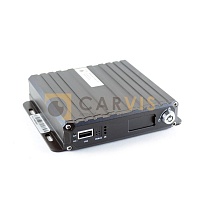 Черный видеорегистратор CARVIS MD-314SD Lite для автомобильных систем видеонаблюдения с компактным металлическим корпусом, ребрами для охлаждения, портом USB, разъемом для карты памяти SD и светодиодными индикаторами состояния работы.