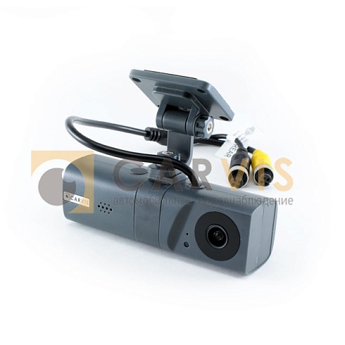 Двунаправленная AHD камера CARVIS MC-327IR Dual с инфракрасной подсветкой, установленная на черном кронштейне с двусторонним скотчем 3M для надежного крепления, оборудованная двумя кабелями для подключения к видеорегистратору.
